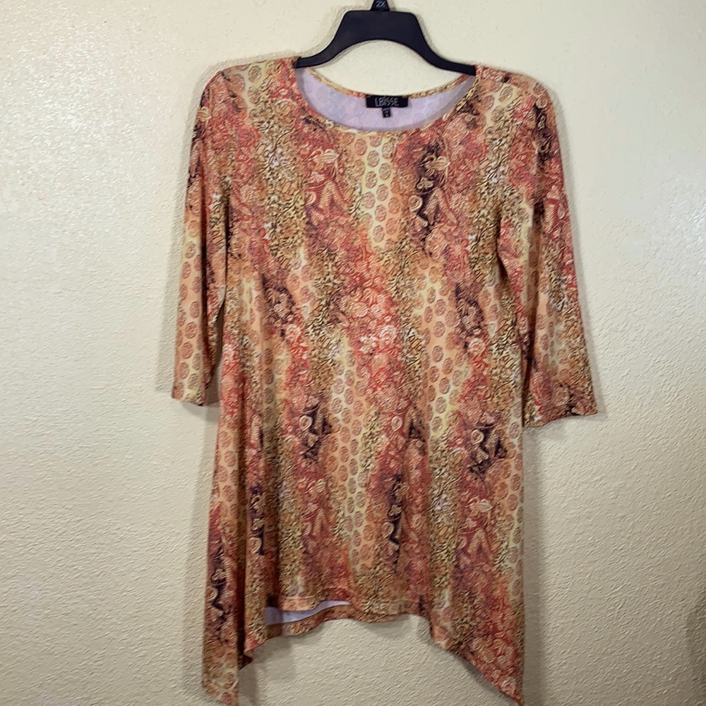 LBISSE Top Blouse L Orange Yellow Brown Stretchy Pullover Handkerchief Style Hem